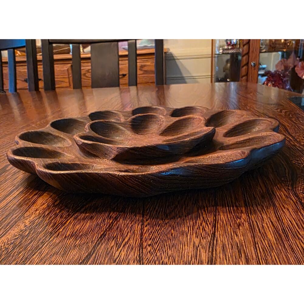 Vintage Teak Deviled Egg Server Rustic MCM Serving Dish Wooden Layered Appetizer